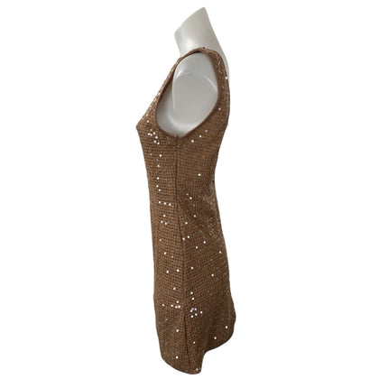 NEW Missguided Brown Sequin Boat Neck Waffle Knit Open Back Mini Dress Size S