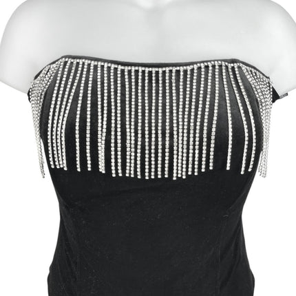 Forever 21 Black Velvet Velour Fringe Rhinestone Strapless Tube Bodysuit Top 1X
