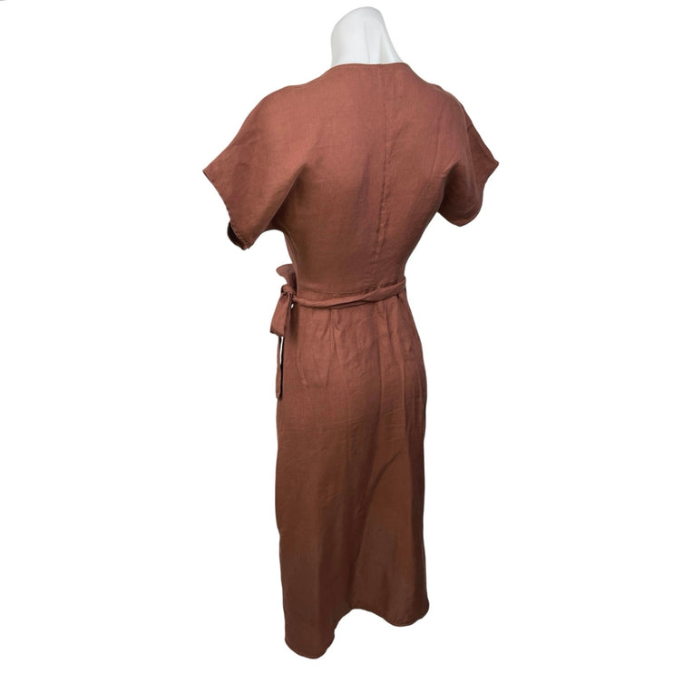 Aritzia Wilfred Linen Blend Brown Short Sleeve Deep V Midi Wrap Dress Size XXS