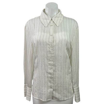 MNG Mango Womens White Linen Pinstriped Long Sleeve Button Down Shirt Top Size 8