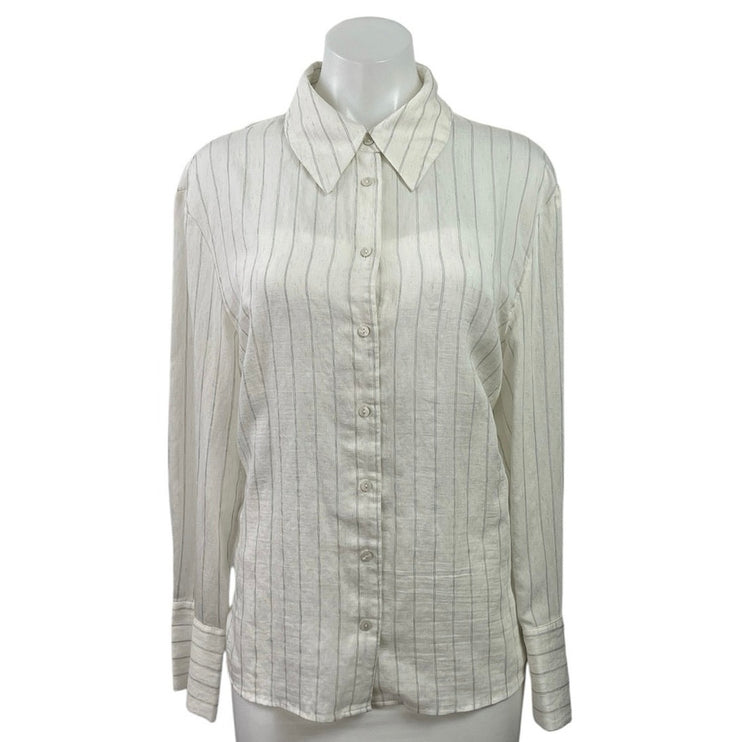 MNG Mango Womens White Linen Pinstriped Long Sleeve Button Down Shirt Top Size 8