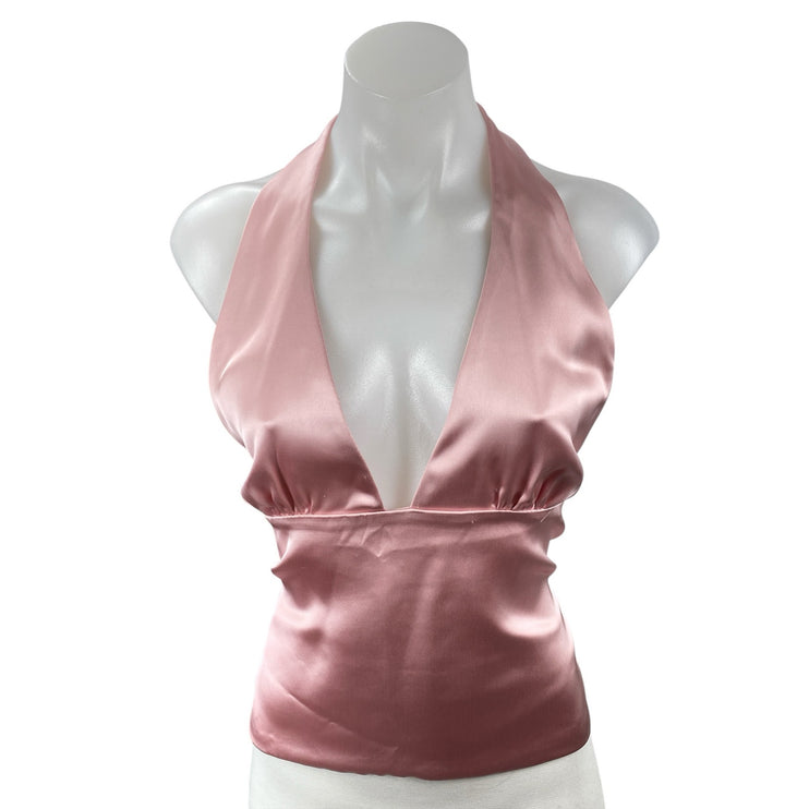 Zara Pink Silk Satin Halter Plunge V Neck Sleeveless Backless Blouse Top Size L
