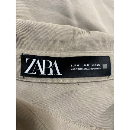 Zara Beige Khaki Long Sleeve Tie Waist Pocket Utility Mini Shirt Dress Size M
