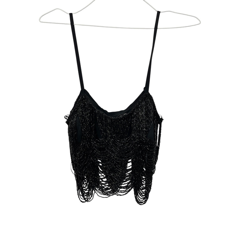 Zara Women's Black Sleeveless Beaded Fringe Cami Camisole Crop Tank Top Size XS