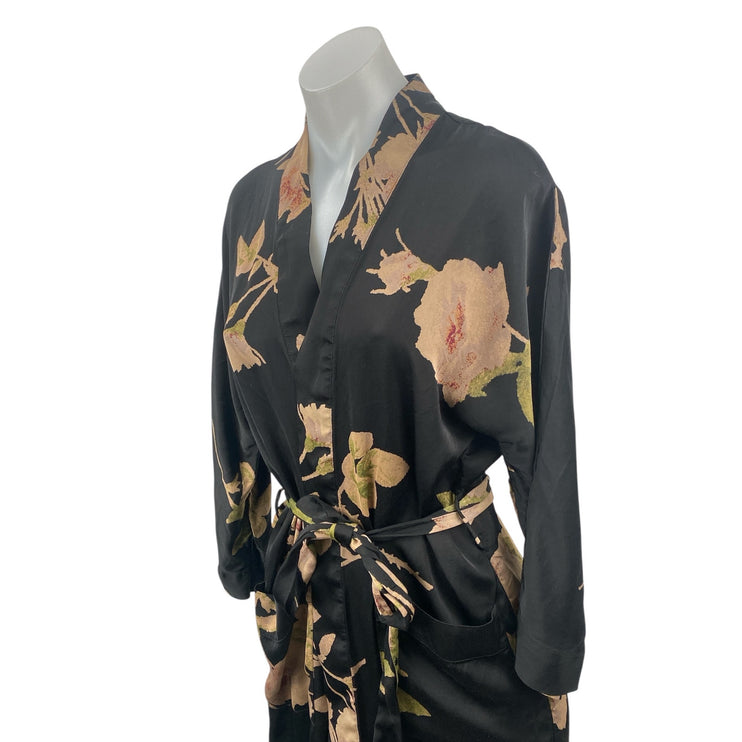 Aritzia Wilfred Black Floral Tie Waist Long Sleeve Belted Midi Robe Sleepwear S