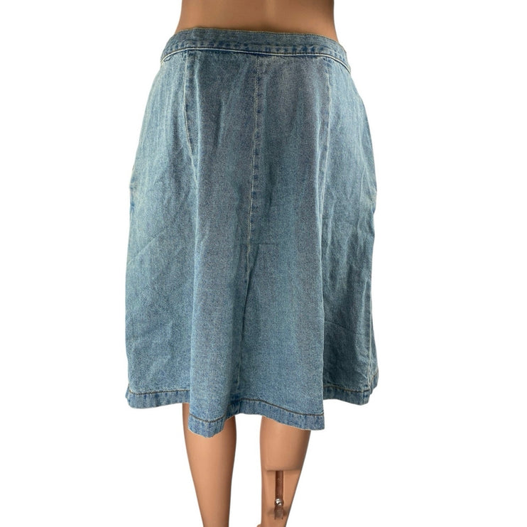 Molly Green Blue Button Fly Pockets Midi Flared A-Line Denim Jeans Skirt Size M