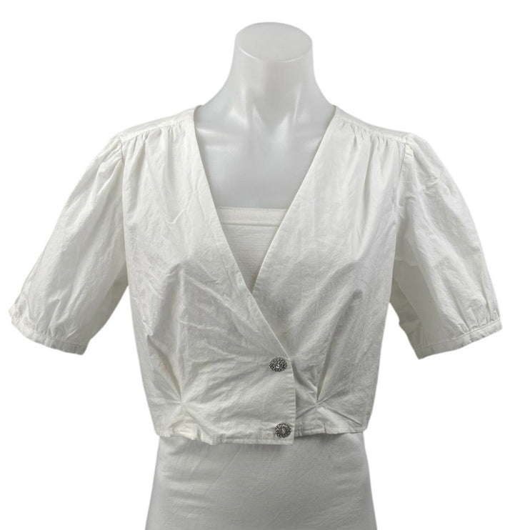 NEW Zara White Short Sleeve V Neck button Front Shirt Blouse Crop top Size S