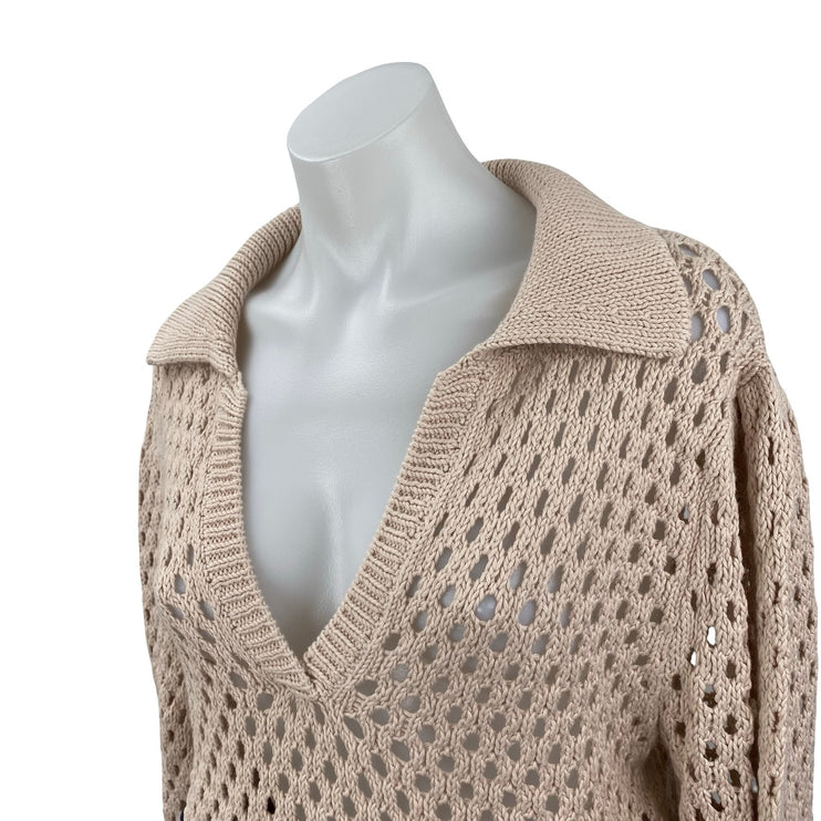 Chufy Women's Beige Crochet Knit Collared Long Sleeve Sweatshirt Sweater Top M