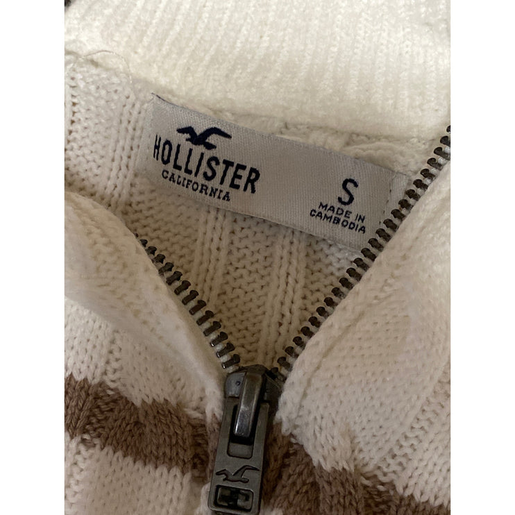 Hollister Womens White Brown Cable Knit 1/4 Zip Collared Polo Sweater Top Size S