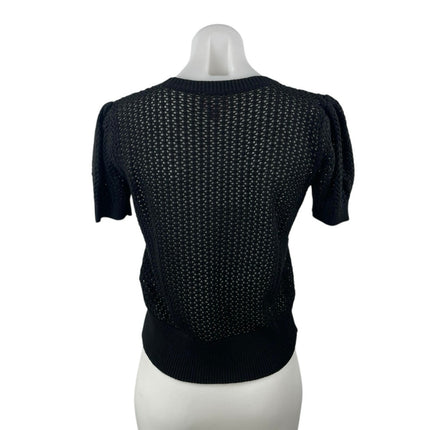 Muse Women's Black Crochet Knit Crewneck Short Puff Sleeve Crop Sweater Top S/P