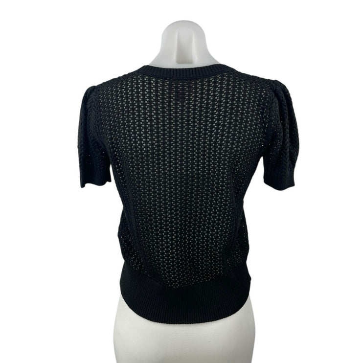 Muse Women's Black Crochet Knit Crewneck Short Puff Sleeve Crop Sweater Top S/P