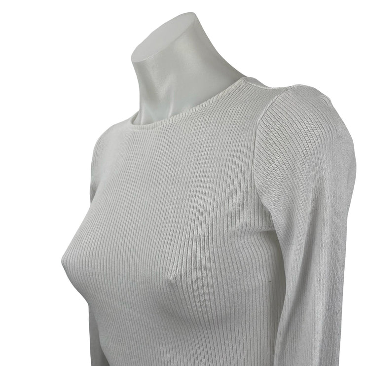 Bayse Women's White Ribbed Knit Crew Neck Long Sleeve T Shirt Tee Top Size XS
