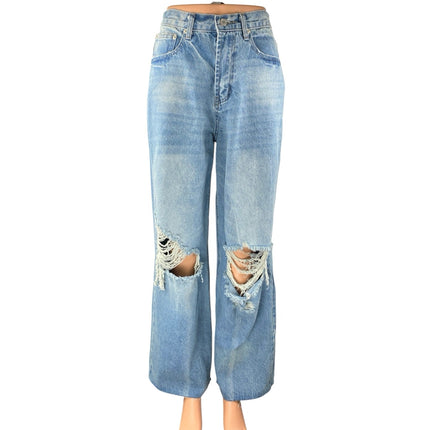Signature 8 Womens Blue Distressed High Waist Wide Leg Baggy Denim Jeans Pants S