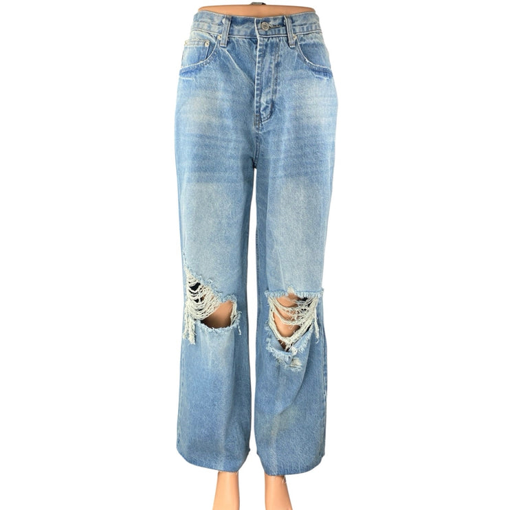 Signature 8 Womens Blue Distressed High Waist Wide Leg Baggy Denim Jeans Pants S