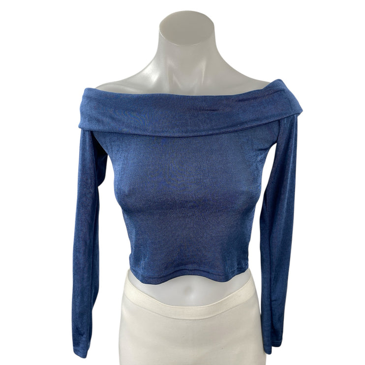Edikted Women's Blue Off The Shoulder Knit Long Sleeve Blouse Crop Top Size S
