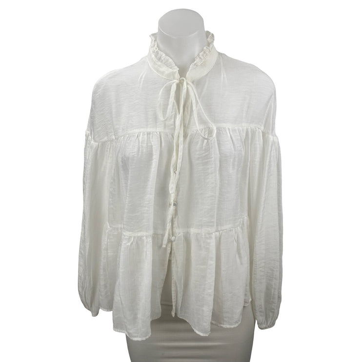 Zara Women's White Long Sleeve Ruffle Mock Neck Tiered Tie Blouse Top Size S