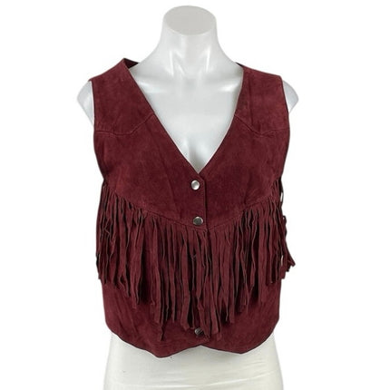 Forever 21 Red 100% Leather Suede Fringe V Neck Sleeveless Vest Crop Top Size L