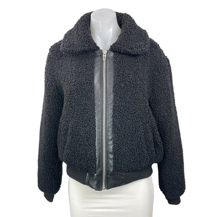 BLANKNYC Women's Black Long Sleeves Sherpa Fleece Cropped Bomber Coat Jacket S