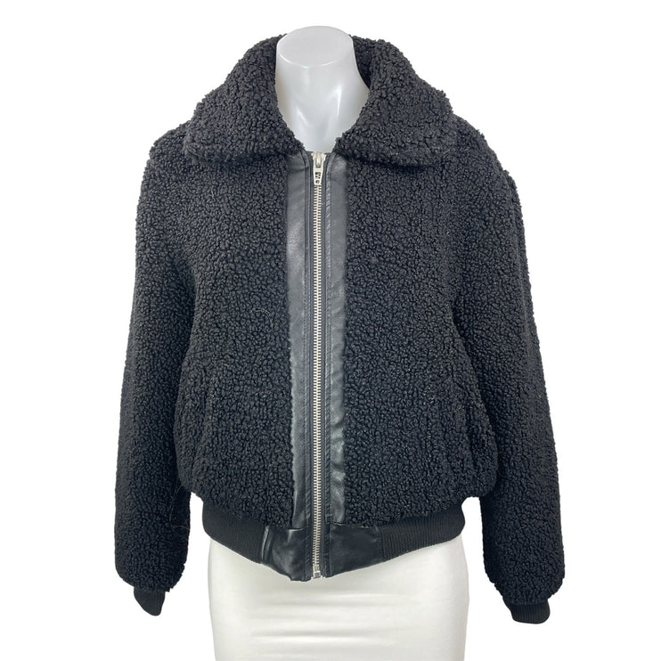 BLANKNYC Women's Black Long Sleeves Sherpa Fleece Cropped Bomber Coat Jacket S