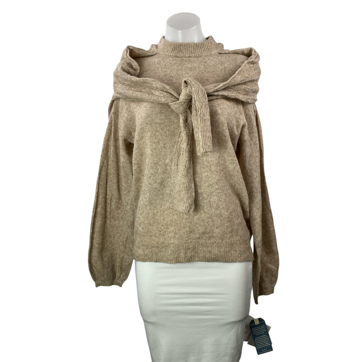 NEW Democracy Beige Wool Layered Tie Long Sleeve Mock Neck Sweater Top Size S