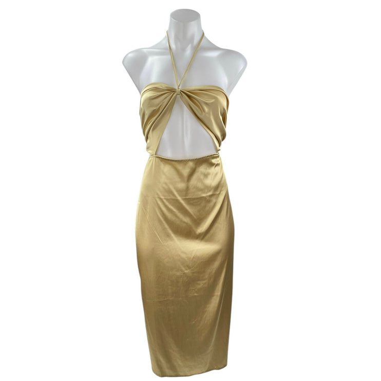 Danielle Bernstein Gold Yellow Silk Satin Halter Cutout Pencil Midi Dress Size L