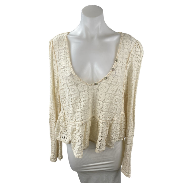 ASOS Women's Cream Crochet Knit Lace Boho Long Sleeve Peplum Blouse Top Size 12