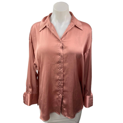 Zara Women's Pink Silk Satin Button Down Collar Long Sleeve Shirt Blouse Top S