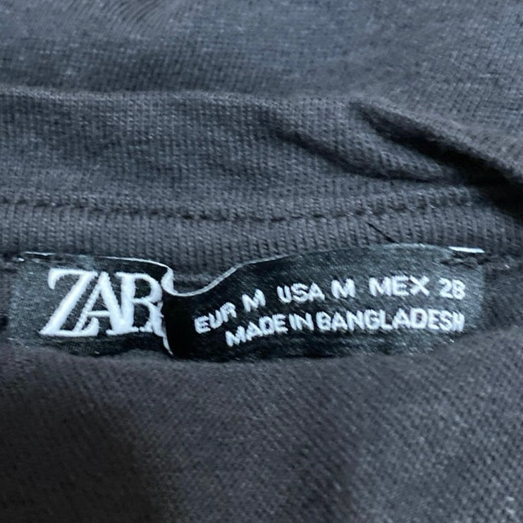 Zara Women's Black Short Sleeve Twist Front Crew Neck Crop T Shirt Tee Top Sz M