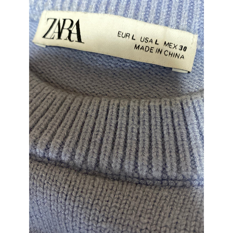 Zara Women's Blue Long Sleeve Crew Neck Crop Sweatshirt Sweater Top Size L