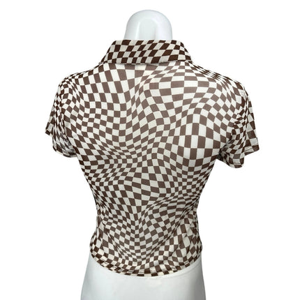 NEW No Boundaries Brown White Gingham Check Illusion Button Down Shirt Top S
