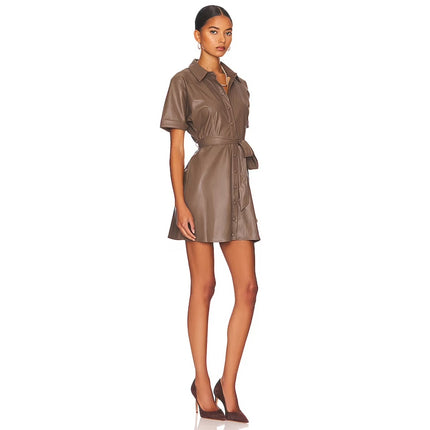 Heartloom Tan Brown Vegan Faux Leather Short Sleeve Belted Button Shirt Dress M