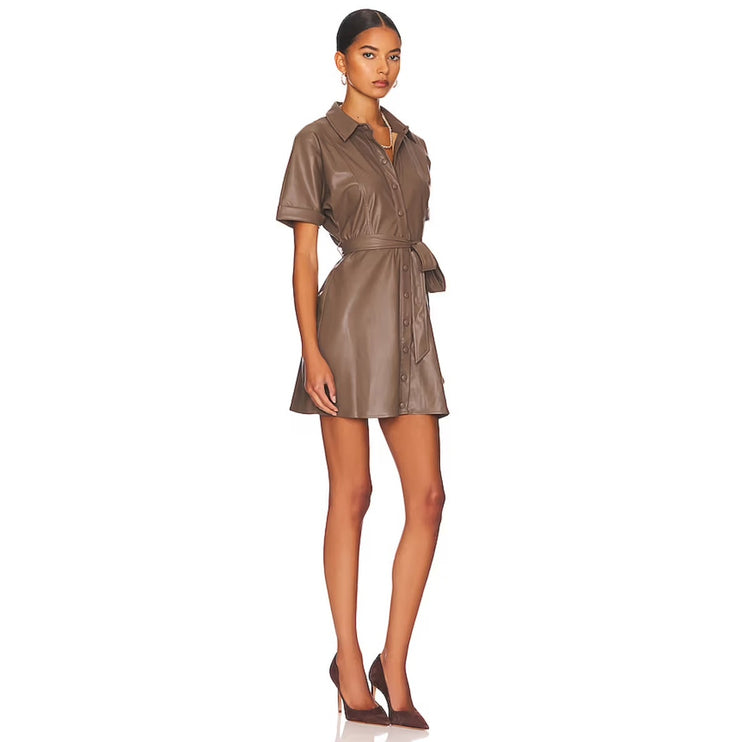 Heartloom Tan Brown Vegan Faux Leather Short Sleeve Belted Button Shirt Dress M