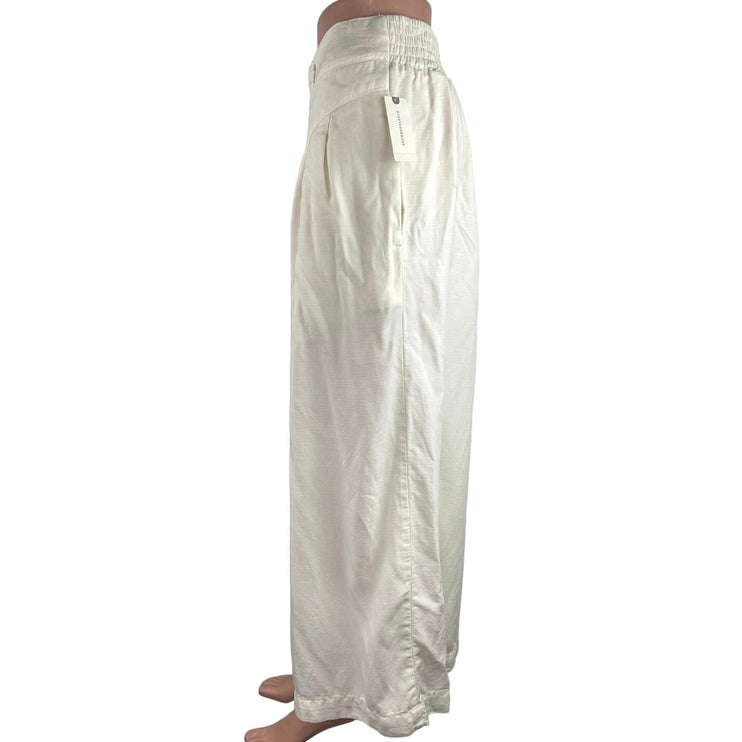 Anthropologie NWT White Linen Blend Wide Leg Button Fly High Rise Ankle Pants L