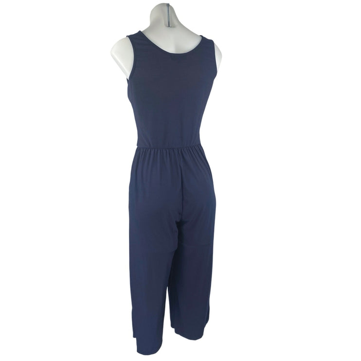 Gilli Navy Blue Sleeveless V Neck Faux Wrap Wide Leg Cropped Jumpsuit Size S