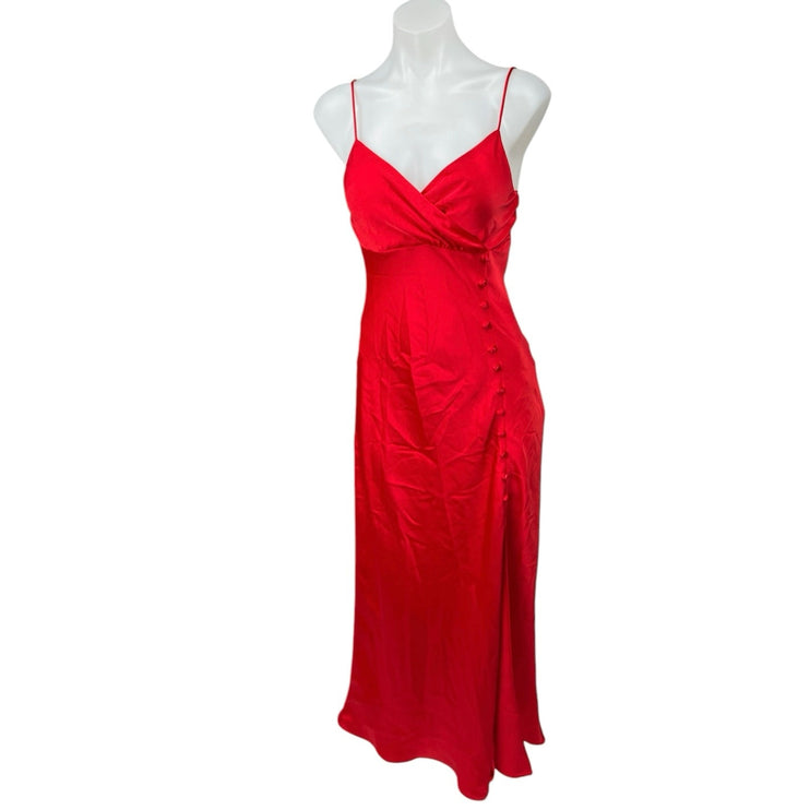 NEW Zara Womens Red Silk Satin Sleeveless Button V Neck Sheath Midi Dress Size S