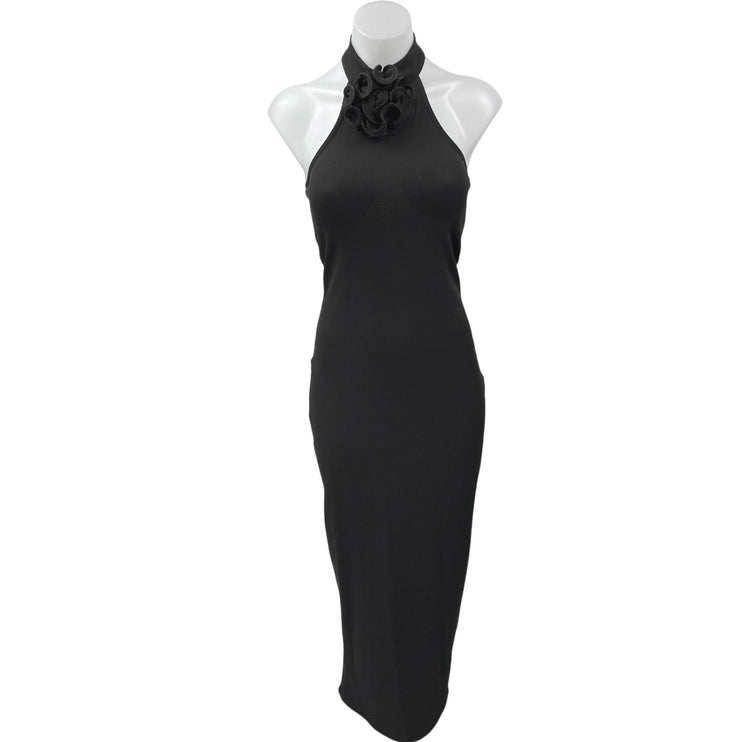 NA-KD Black Sleeveless Rose Halter High Neck Slit Midi Maxi Bodycon Dress XS