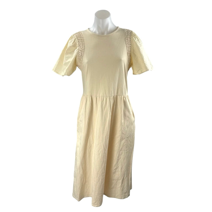 Who What Wear Women's Cream Smocked Puff Sleeve Summer Midi Flare A-Line Dress S