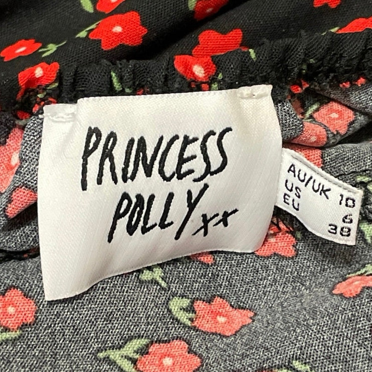 Princess Polly Black Red Floral Sleeveless Tie Slit Cami Midi Slip Dress Size 6