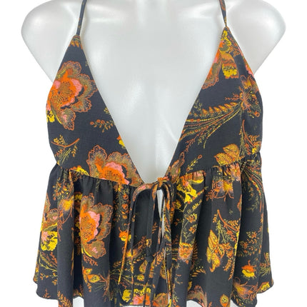 Urban Outfitters Black Floral Sleeveless Tie Wrap Ruffle Blouse Tank Crop Top S