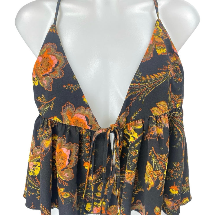 Urban Outfitters Black Floral Sleeveless Tie Wrap Ruffle Blouse Tank Crop Top S