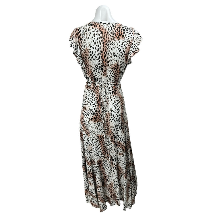 Kivari White Tan Leopard Print Short Sleeve Ruffle Fit & Flare Maxi Dress Size S