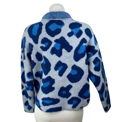 Zara Women's Blue Wool Leopard Animal Print Mock Neck Knit Sweater Top Size S