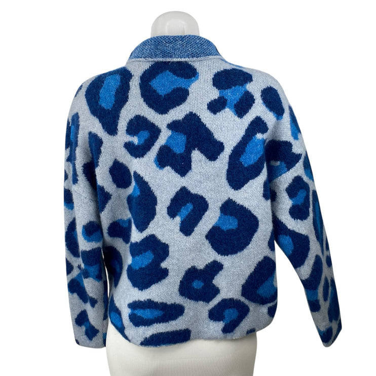 Zara Women's Blue Wool Leopard Animal Print Mock Neck Knit Sweater Top Size S