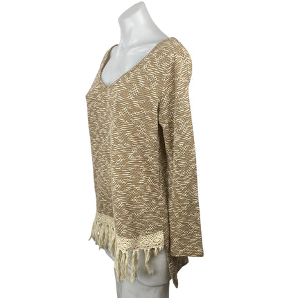 Entro Women's Beige Patterned Fringe Tassels Long Sleeve Bohemian Sweater Top S
