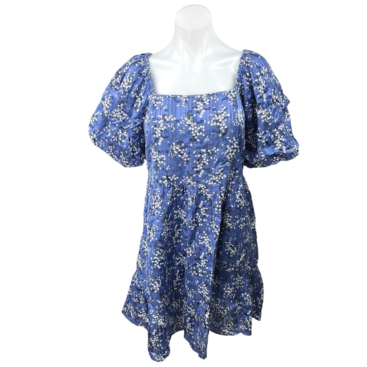 Mango MNG Blue Floral Square Neck Short Puff Sleeve Smocked Mini Shift Brie Mango MNG Blue Floral Square Neck Short Puff Sleeve Smocked Mini Shift Brie