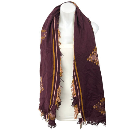 Aritzia Wilfred Purple Cotton Tribal Print Fringe Shawl Wrap Scarf One Size