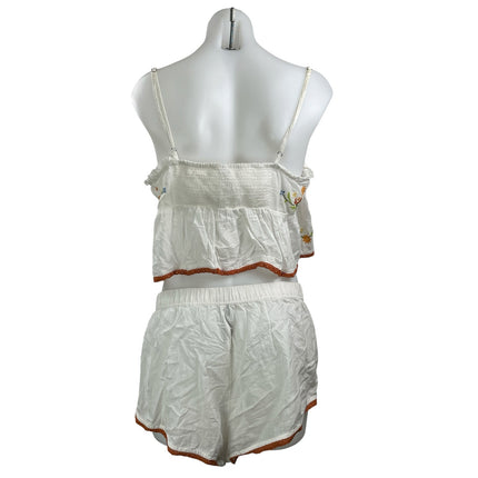 Anthropologie White Sleeveless Floral Embroidered Cami Top & Lounge Short Sets M