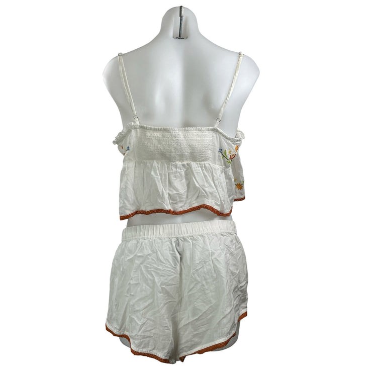 Anthropologie White Sleeveless Floral Embroidered Cami Top & Lounge Short Sets M