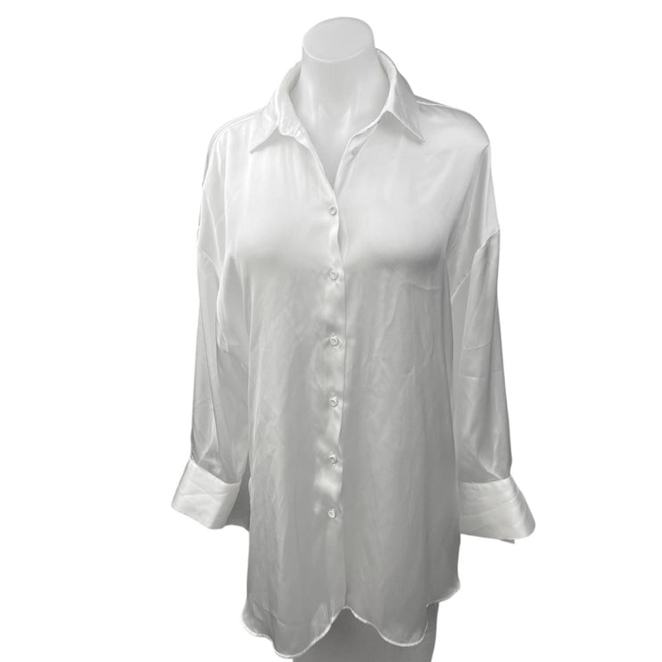 Zara Women's White Silk Satin Long Sleeve Button Down Shirt Tunic Top Size S