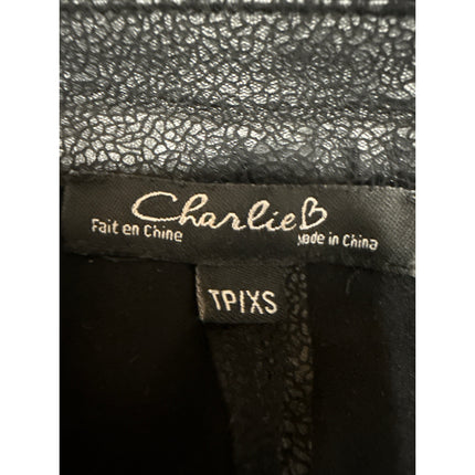 Charlie B Black Faux Vegan Leather Long Sleeve Collared Moto Coat Jacket Size XS